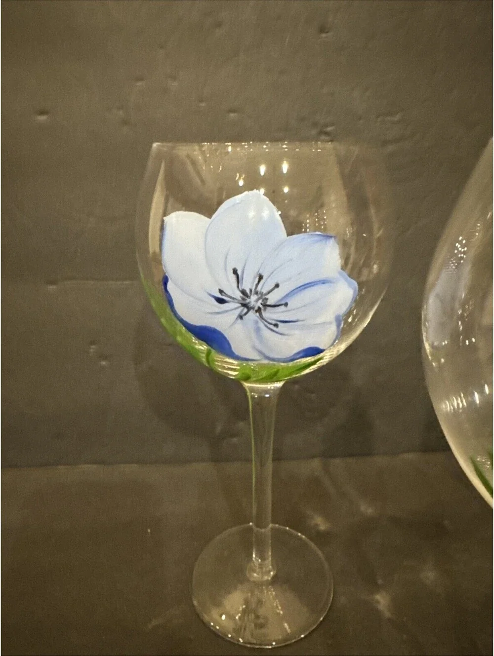 Block Basics (3) Hand-Painted Blue Flower Wine Glasses 8 5/8